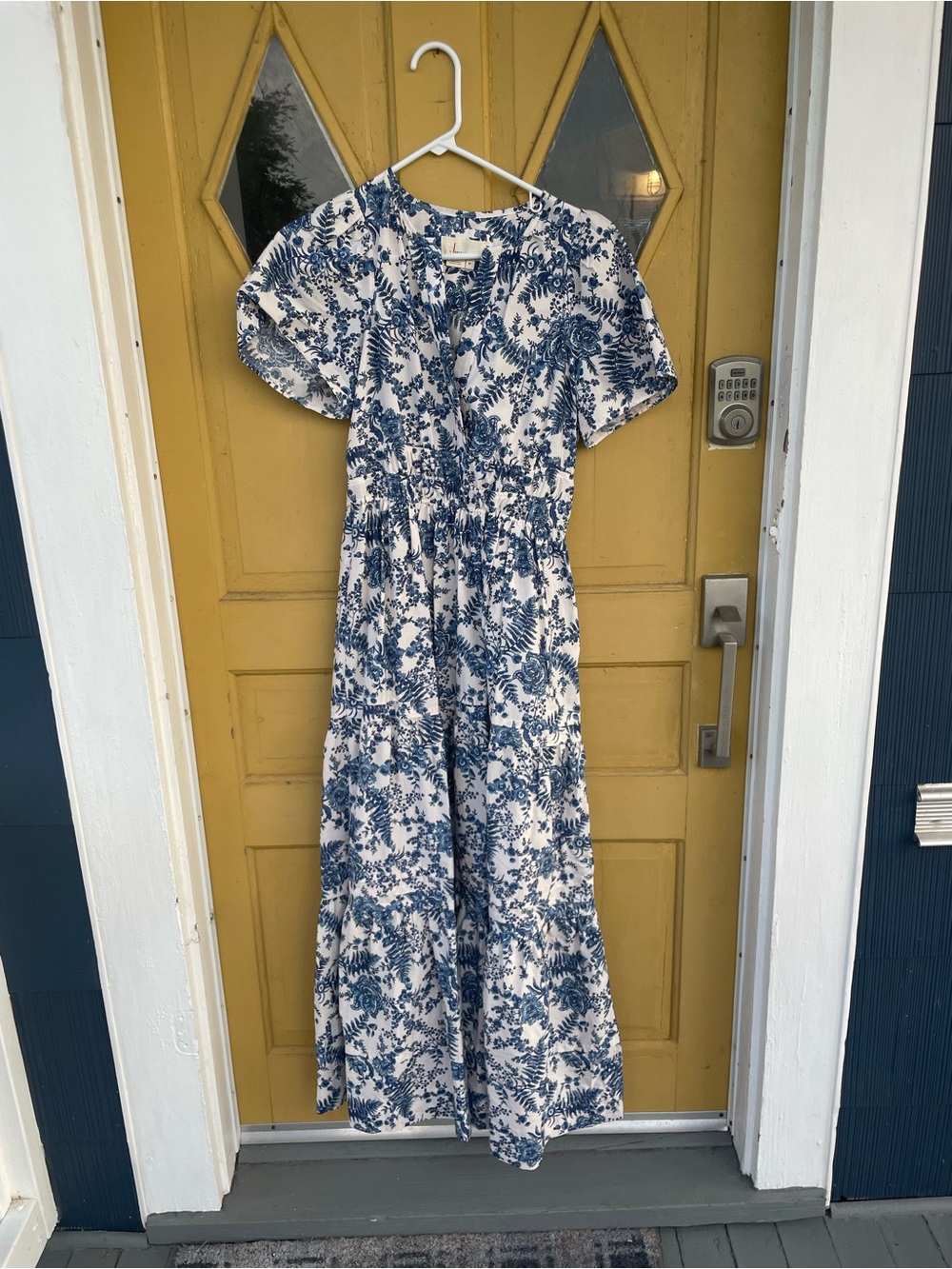 Anthropologie Blue and White Floral Maxi Dress